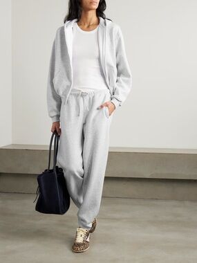 SKIMS Cotton Fleece Zip Up Hoodie And Jogger Set in Light Heather Gray Size S